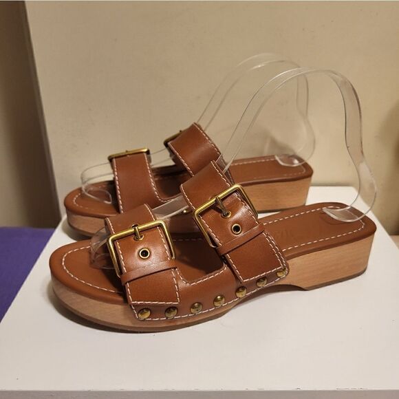 J. Crew Cognac Leather Double Strap/Buckle Wood Sole Sandals Sz.6 MSRP $188 - Picture 1 of 8